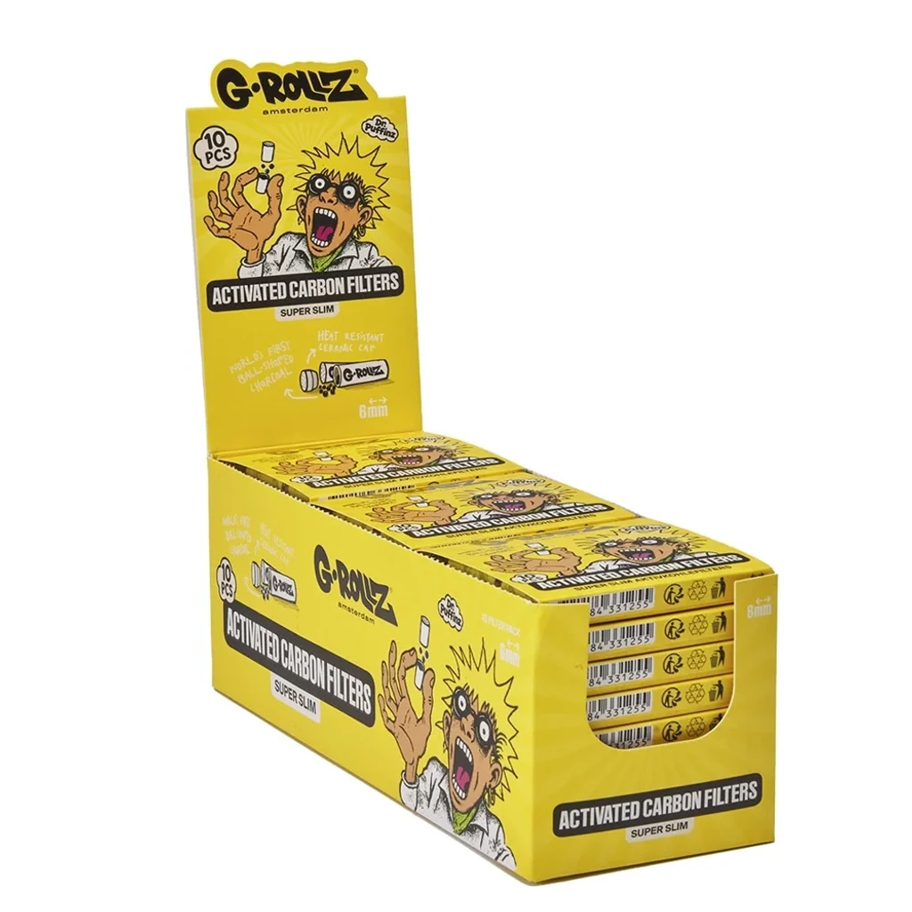 Expositor amarillo de filtros G-Rollz de carbón activo, con cajas apiladas y una ilustración de un personaje con el pelo de punta.