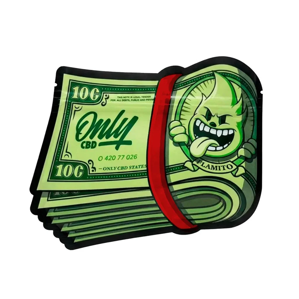 Envase Only CBD con diseño de fajo de billetes verdes, banda roja y personaje de rostro sonriente con la lengua fuera.
