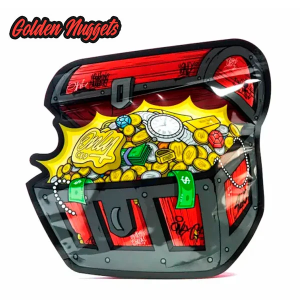 Envase de Golden Nuggets de OnlyCBD con forma de cofre rojo abierto e ilustraciones de monedas, joyas y billetes sobre fondo blanco.
