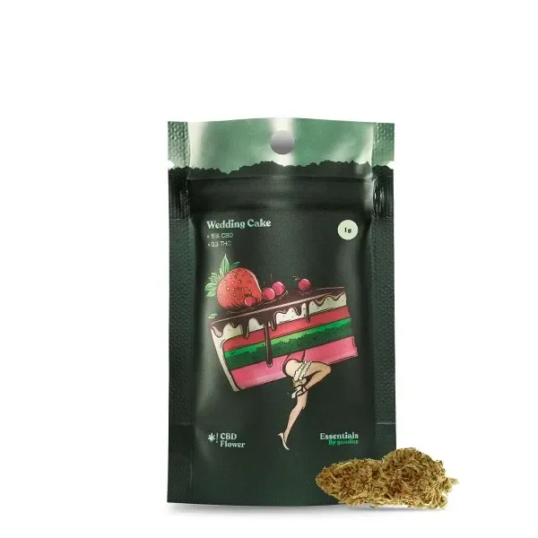 Bolsa verde de CBD Goodies Wedding Cake con cierre y dibujo de una porción de tarta, junto a una flor sobre fondo blanco.
