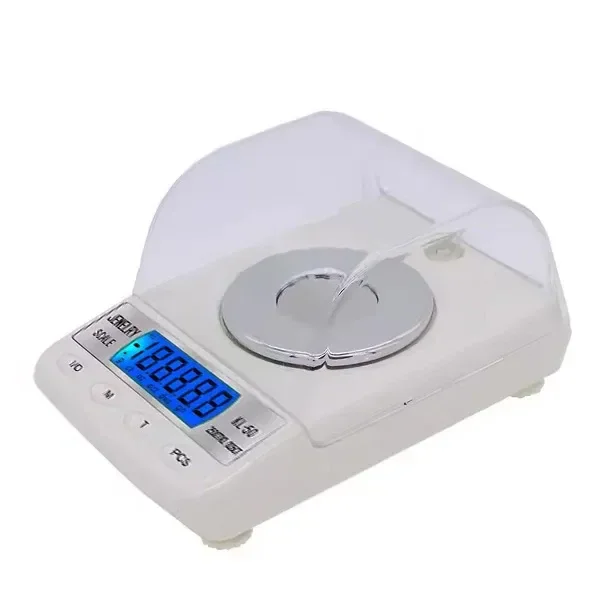 Báscula digital Easy Garden Jewel 50 vista en ángulo, con tapa transparente abierta, plataforma circular y pantalla azul frontal.