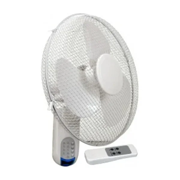 Ventilador de pared Cornwall 16WF blanco, con rejilla circular, controles en el soporte y mando a distancia al lado.