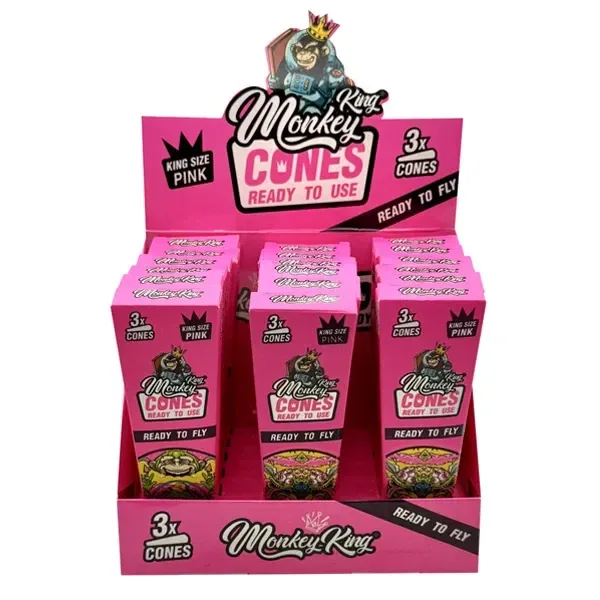 Expositor rosa de conos Monkey King King Size Pink con varias cajas, ilustraciones de un mono coronado y el texto «3x cones».