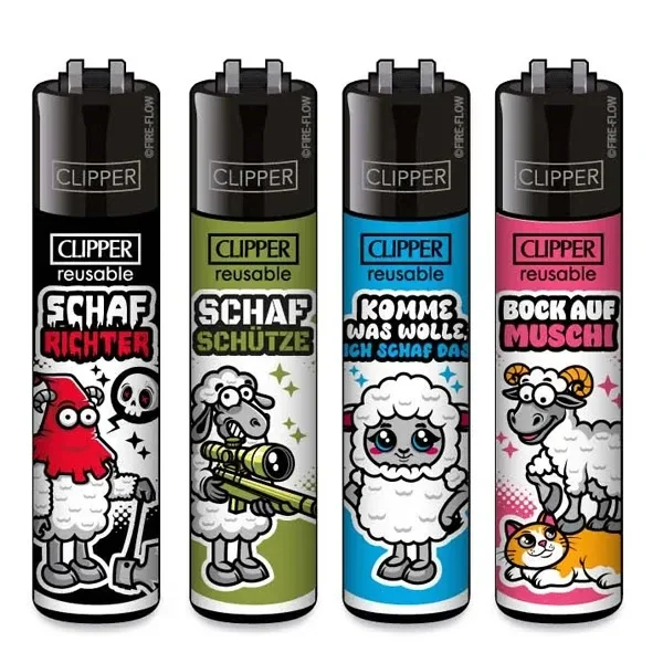 Selección de mecheros Clipper Schafe #2 con dibujos de ovejas, frases en alemán y fondos negro, verde, azul y rosa.