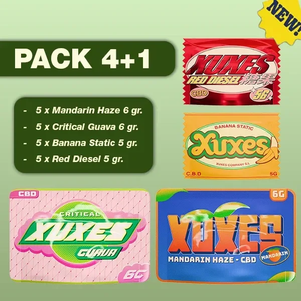 Composición del pack Xuxes 4 + 1 con envases de Mandarin Haze, Critical Guava, Banana Static y Red Diesel sobre fondo verde.
