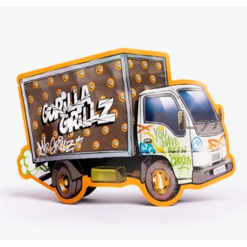 Ilustración de un camión con grafitis, logotipo Gorilla Grillz en la caja y contorno naranja sobre fondo blanco.
