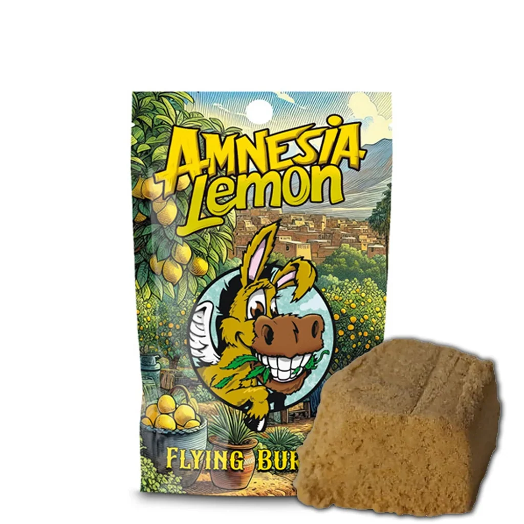Bloque marrón de hash junto al envase Amnesia Lemon de Flying Burrito, ilustrado con un burro sonriente y limones.