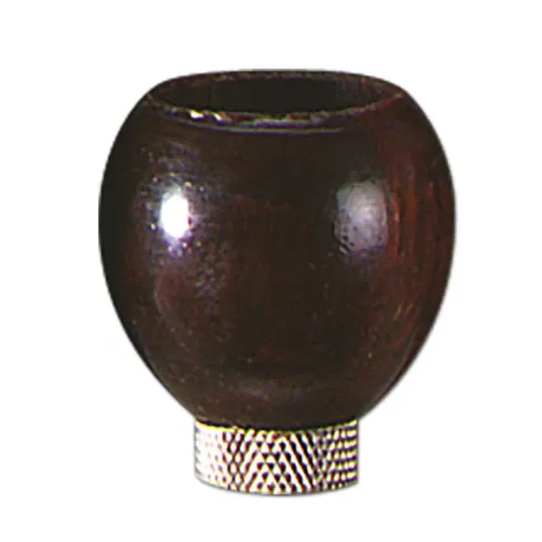 Cazoleta de madera para bong, de cuerpo redondeado marrón oscuro, abertura superior y conector metálico con relieve en la base.