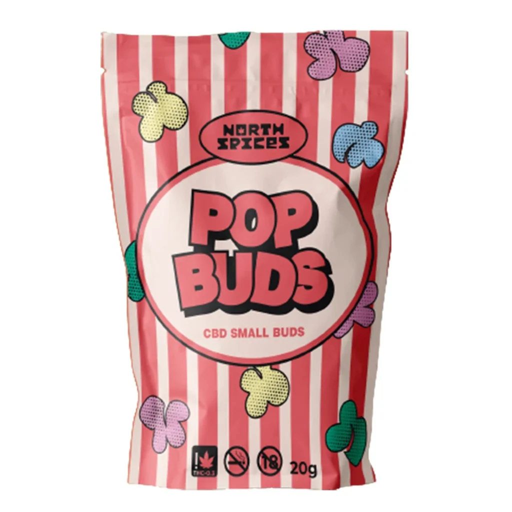 Bolsa North Spices Pop Buds con rayas rosas y blancas, dibujos de colores y las inscripciones «CBD Small Buds» y «20 g».