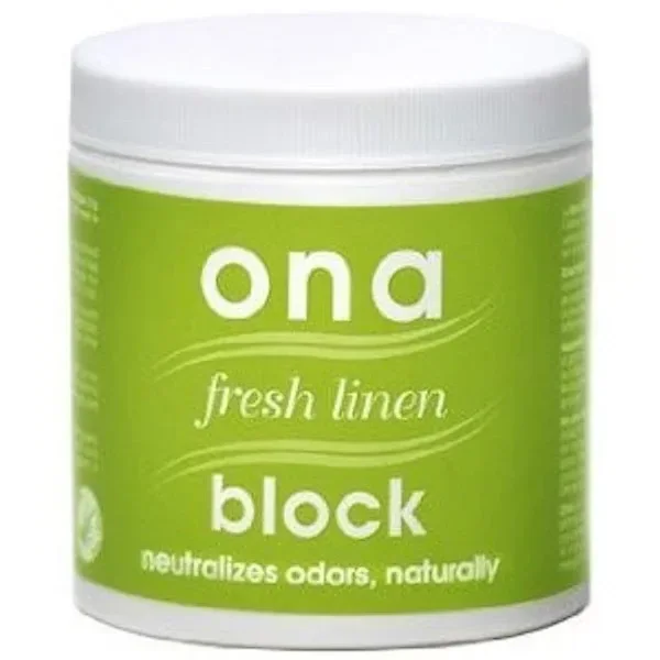 Bote de Ona Block Fresh Linen con tapa blanca y etiqueta verde, donde se lee «neutralizes odors, naturally».