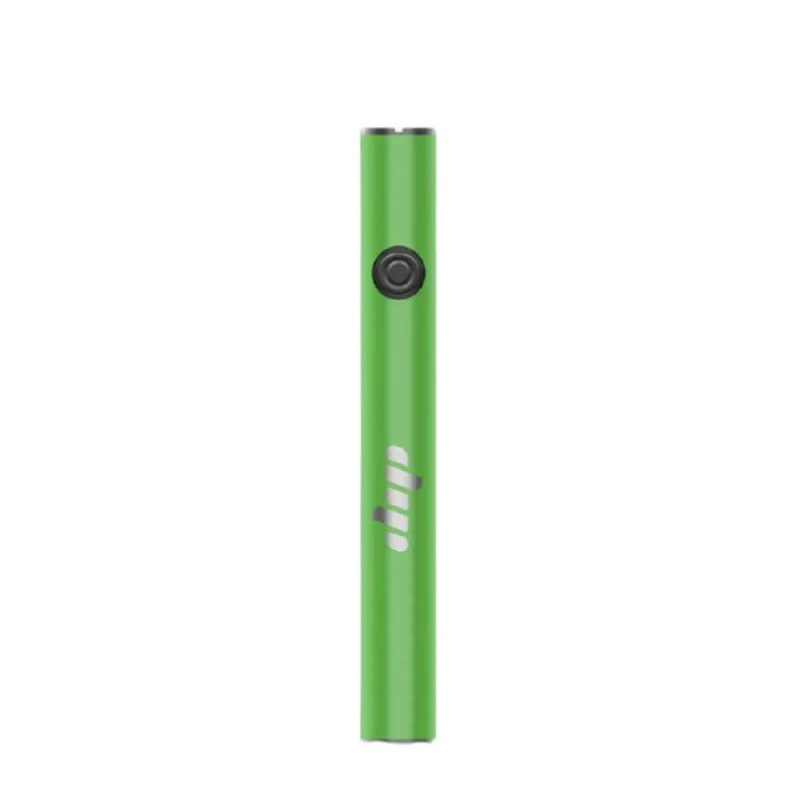 Batería para vapeador Dip de cuerpo cilíndrico verde, con botón circular negro y logotipo plateado, en vertical sobre fondo blanco.