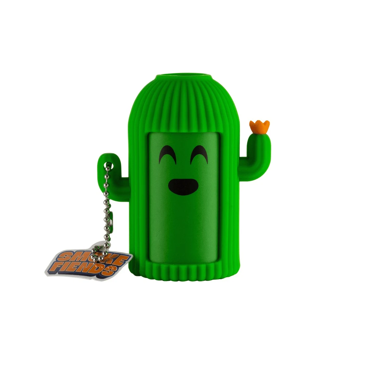 Filtro para exhalar Smoke Fiends Blaze Cactus Hemper, verde con forma de cactus sonriente, flor naranja y etiqueta colgante.