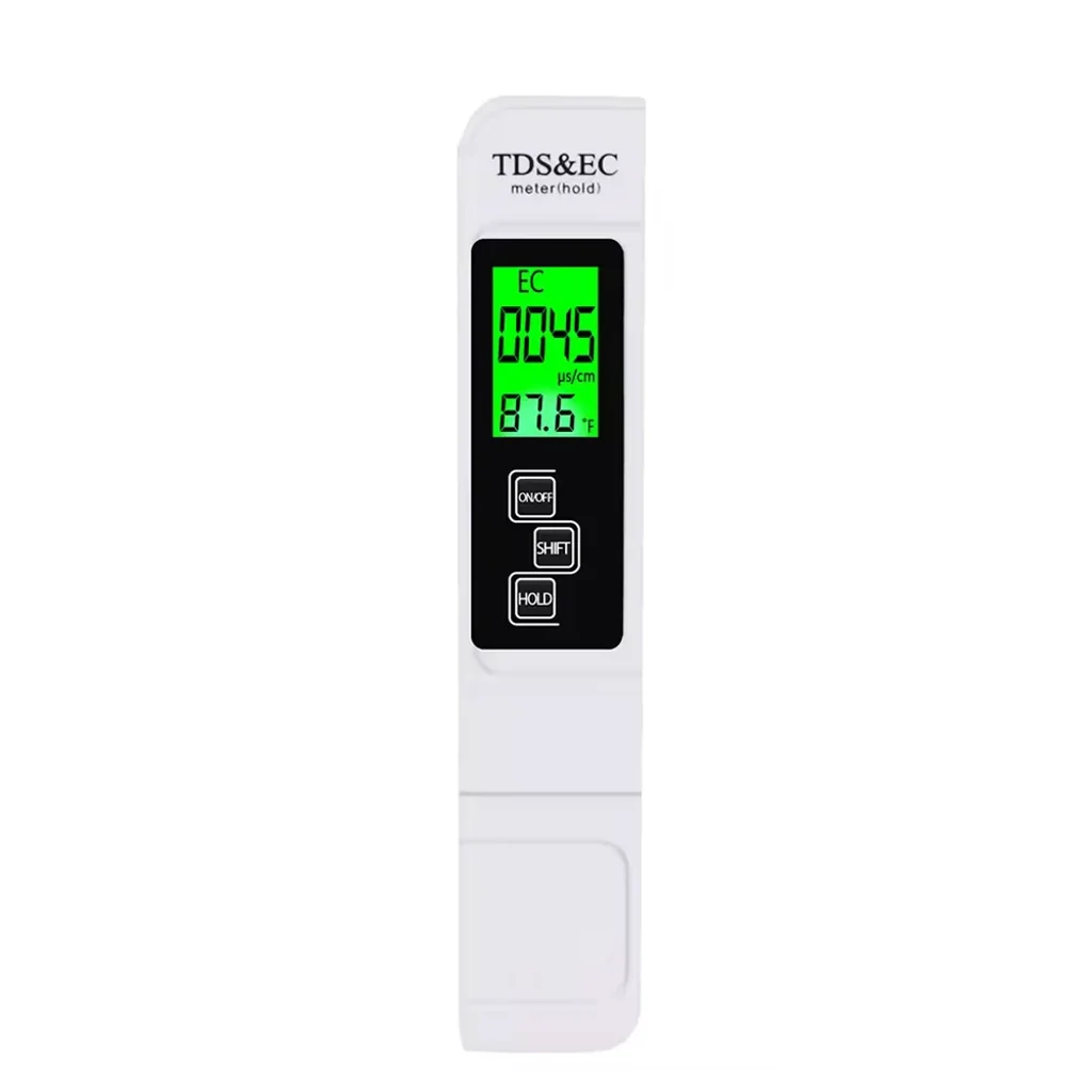 Medidor digital EC/TDS/temperatura blanco, con pantalla verde que muestra 0045 µS/cm y 87.6 °F, y botones ON/OFF, SHIFT y HOLD. Medidor digital EC/TDS/temperatura blanco, con pantalla verde que muestra 0045 µS/cm y 87.6 °F, y botones ON/OFF, SHIFT y HOLD.