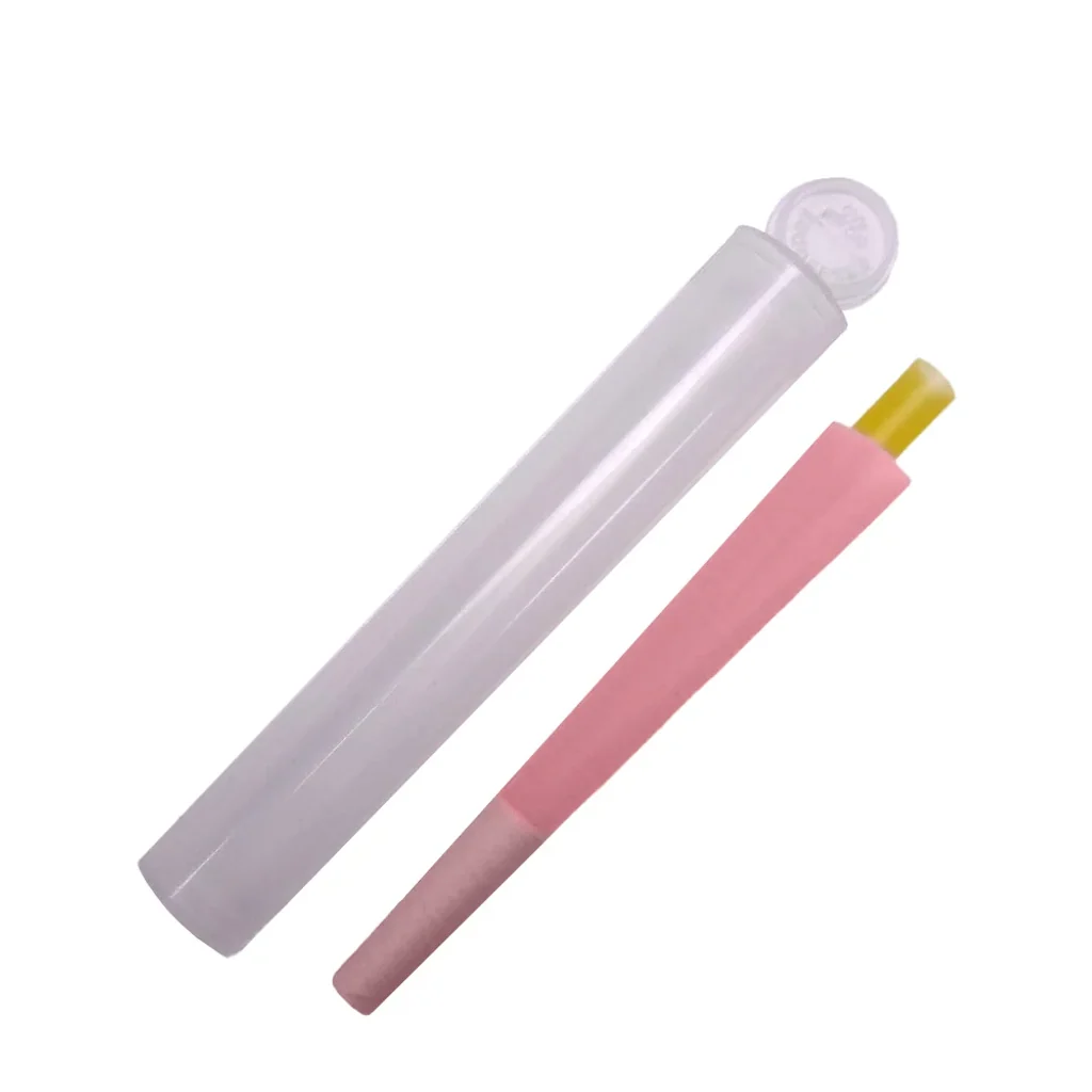 Cono rosa Easy Garden Smoker con extremo amarillo junto a un tubo translúcido con tapa abierta, ambos dispuestos en diagonal.
