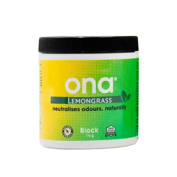 Bote Ona Block Lemongrass con tapa negra y etiqueta amarilla y verde, con la indicación de 170 g sobre fondo blanco.