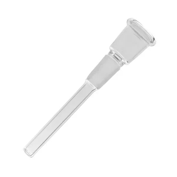 Cazoleta y tubo de cristal transparente para bong, colocados en diagonal, con boca ancha y un largo tubo estrecho.