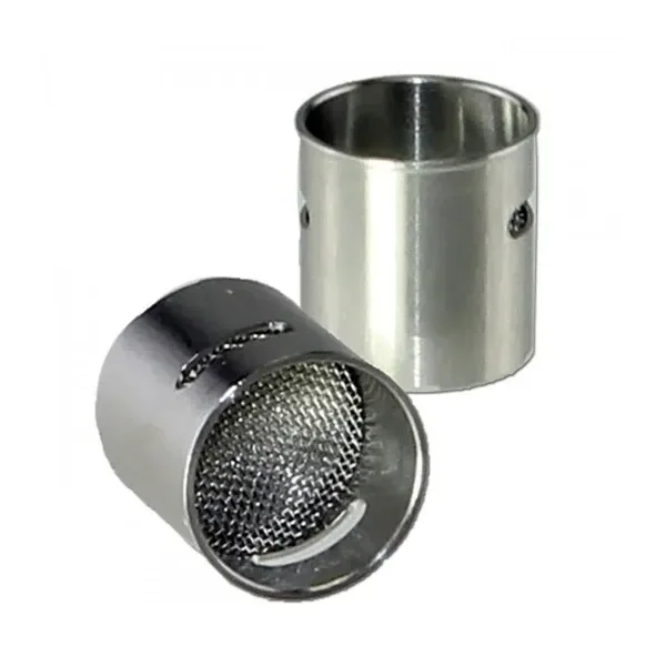 Cazoleta para extracciones X-vape V3 Pro en distintas posiciones, con cuerpo metálico cilíndrico y malla circular visible.