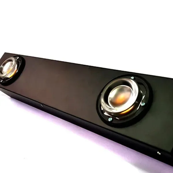 Detalle en diagonal del foco LED TGL Hidden Dark Cree, con carcasa negra alargada y dos lentes circulares visibles.