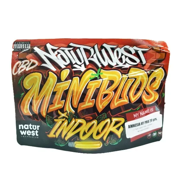 Bolsa Naturwest con diseño de grafiti en rojo, amarillo y verde, texto Mini Buds Indoor y etiqueta Amnesia Hy Pro 20 grs.