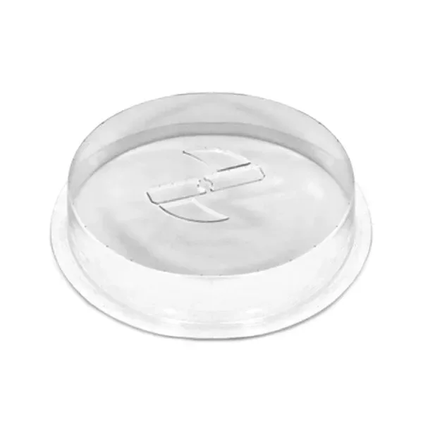 Tapa circular transparente Master Trimmer MT Dry 100/200, vista en perspectiva, con borde elevado y pieza central rectangular.