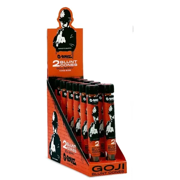 Expositor naranja G-Rollz Banksy Goji Berry con varios tubos de conos, tapones negros y una figura de policía en el embalaje.