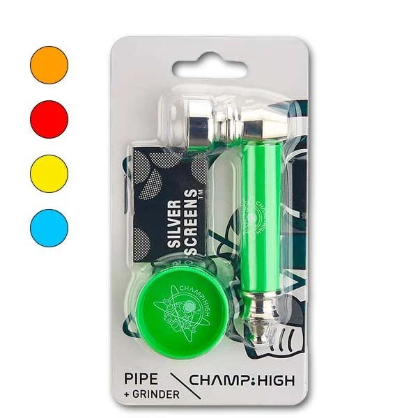 Set CHAMP en blíster con pipa verde y metal plateado, grinder verde y sobre de rejillas, junto a muestras circulares de colores.