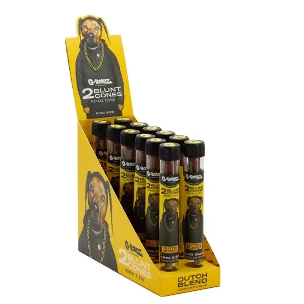 Expositor amarillo de conos G-Rollz Dutch Blend con tubos de tapa negra e ilustración de un perro con cadenas doradas.