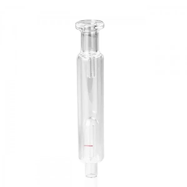 Bubbler de cristal transparente X-vape X-max Fyra en vertical, con boquilla ensanchada, tubo interior y pequeña marca roja inferior.