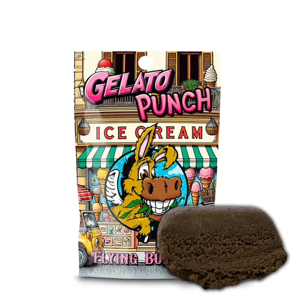 Bloque marrón de CBD Hash Flying Burrito Gelato Punch ante un envase ilustrado con un burro y una heladería.