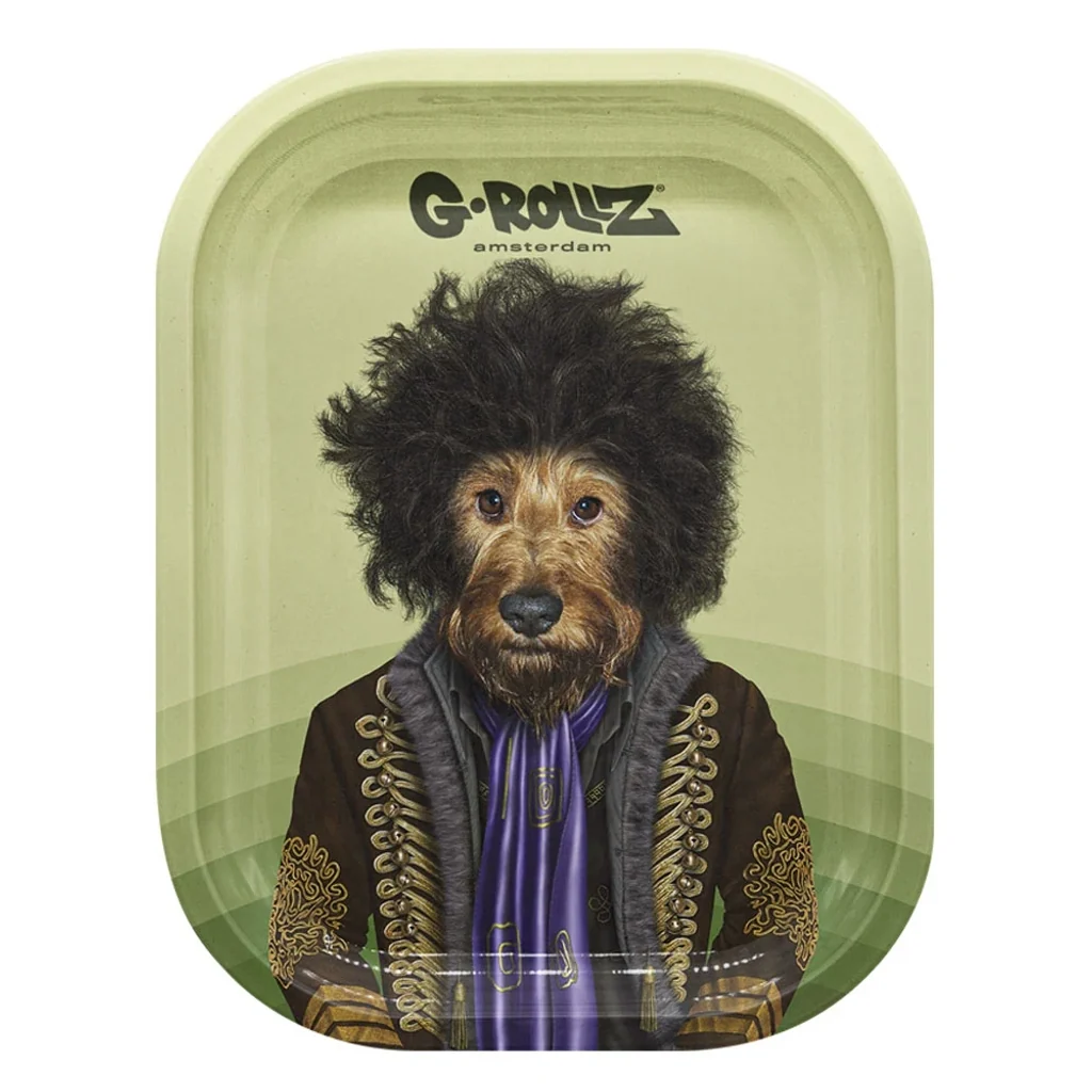 Bandeja G-Rollz de fondo verde con un perro ilustrado, pelo negro voluminoso, chaqueta con adornos dorados y pañuelo violeta.
