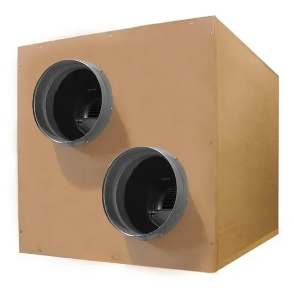 Caja extractora Airfan de paneles marrones, vista en perspectiva, con bocas circulares oscuras dispuestas en diagonal en el frontal.