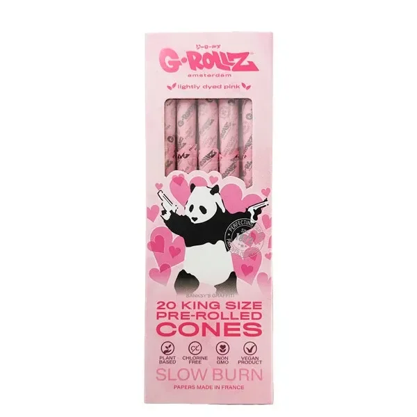 Caja rosa G-Rollz de 20 conos King Size, con ventana superior y dibujo de un panda con pistolas rodeado de corazones.