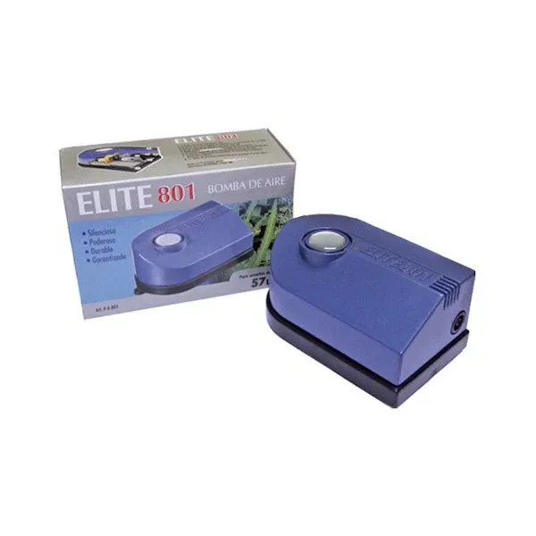 Bomba de aire Elite 801 azul con base negra, botón circular superior y conexión lateral, junto a su caja sobre fondo blanco.