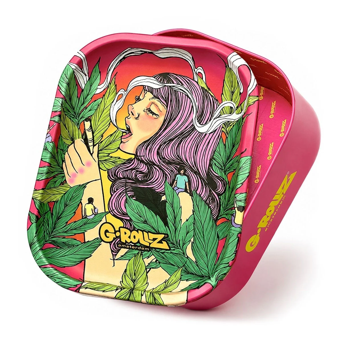 Bandeja y caja rosas G-Rollz con ilustración de una mujer de pelo violeta, hojas verdes y volutas blancas sobre fondo blanco.