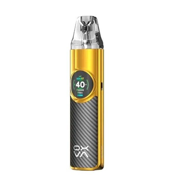 Vapeador Oxva NeXlim SE negro y dorado, con panel de trama diagonal, pantalla circular y cartucho transparente en la parte superior.