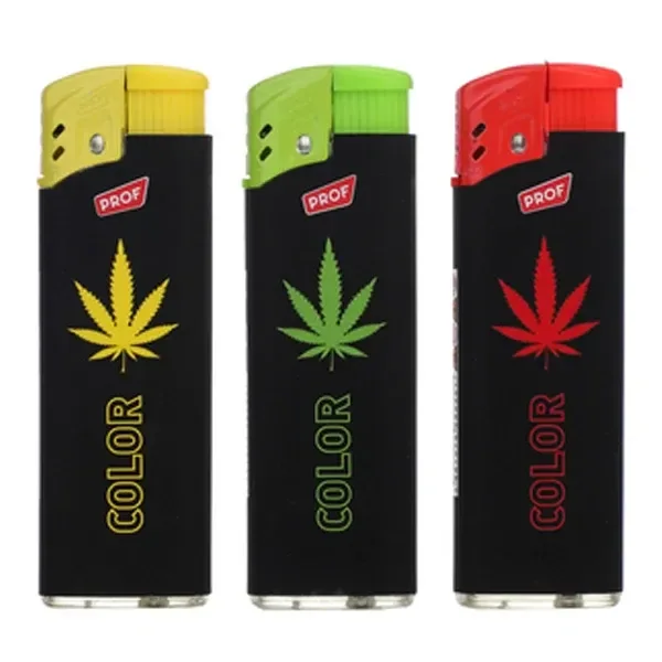Variantes del mechero Piezo Leaf con cuerpo negro, hojas de cannabis y cabezales a juego en amarillo, verde y rojo.