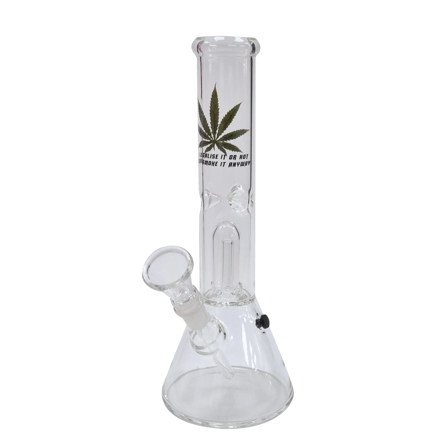 Bong transparente con base cónica, cazoleta lateral inclinada, percolador interior y dibujo de una hoja en el tubo.
