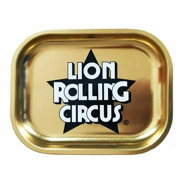 Bandeja dorada Rolling Circus de forma rectangular con esquinas redondeadas y logotipo blanco sobre una estrella negra.