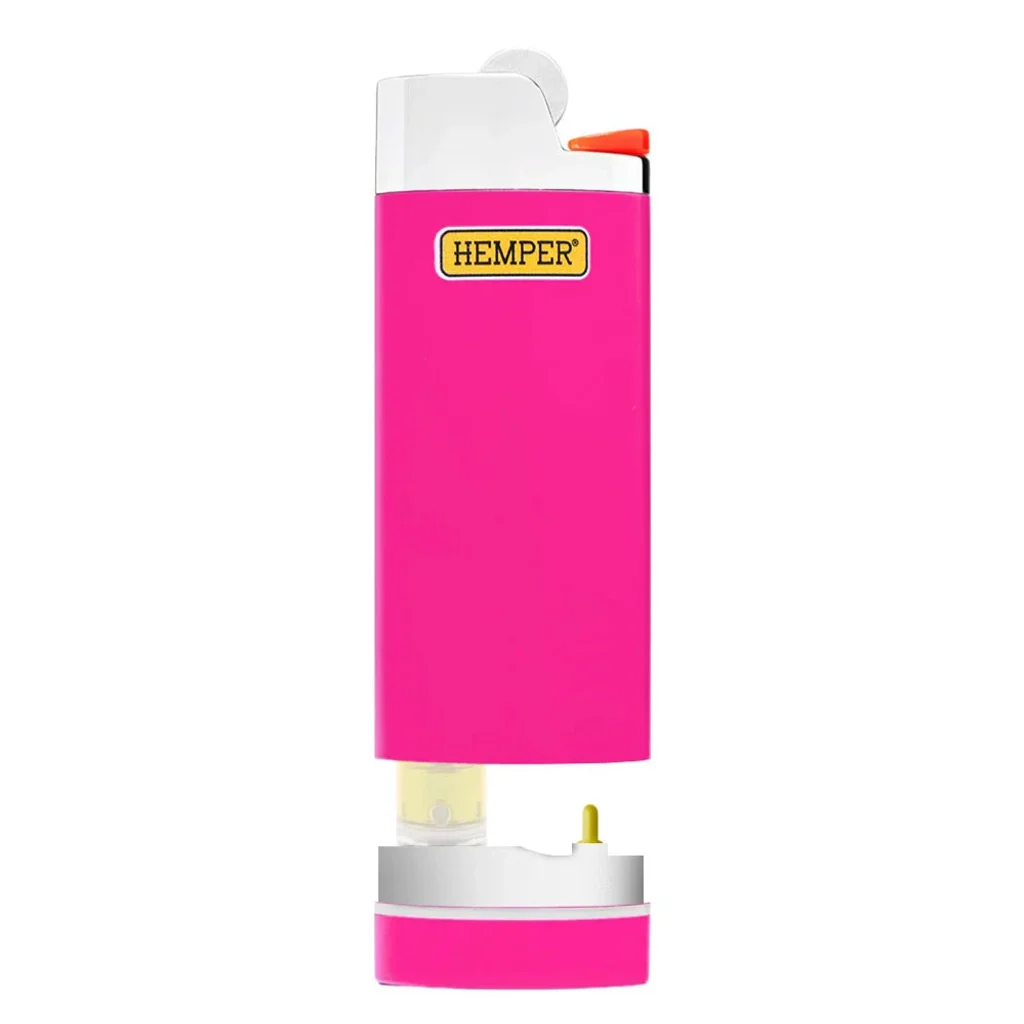 Batería para vapeador Hemper rosa con parte superior blanca y detalle naranja, mostrada con la base separada sobre fondo blanco.