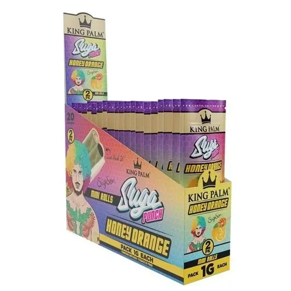 Expositor King Palm Mini Rolls Suga Punch Honey Orange con varios sobres morados y dorados y una ilustración de cabello multicolor.