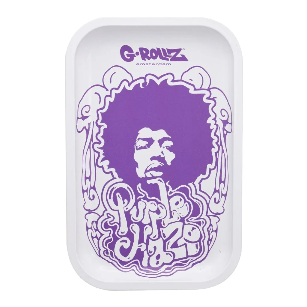 Bandeja blanca G-Rollz Purple Haze con bordes elevados, retrato morado de una figura con pelo afro y letras decorativas.