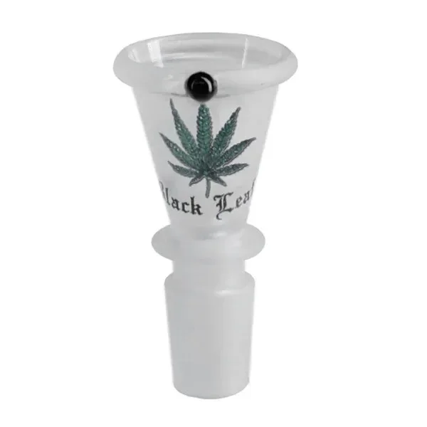 Cazoleta de cristal Leaf para bong, con boca ancha, hoja de cannabis verde estampada y conexión inferior translúcida sobre fondo blanco.