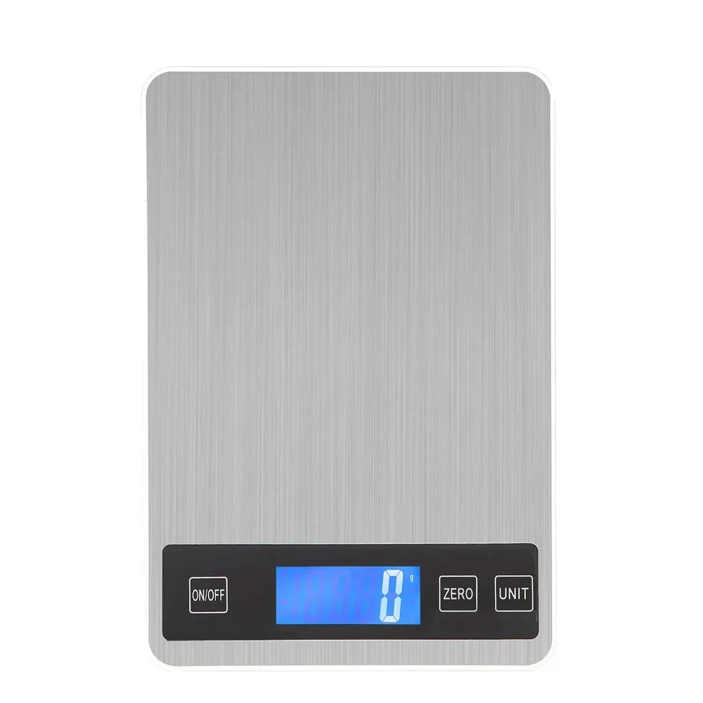 Báscula digital rectangular de superficie plateada, con pantalla azul que marca 0 g y botones ON/OFF, ZERO y UNIT.