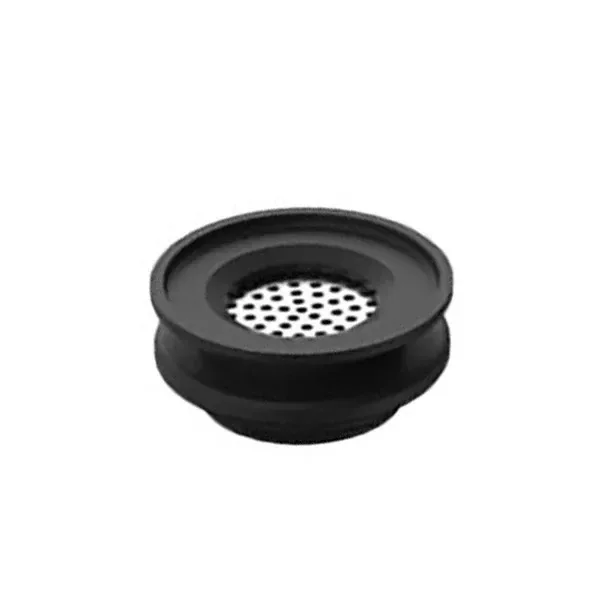 Filtro XVAPE X-Max Xlux Roffu visto en perspectiva, con cuerpo circular negro y disco central plateado perforado sobre fondo blanco.