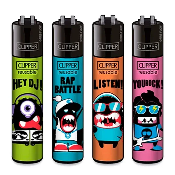 Selección de mecheros Clipper Music Monsterz en verde, turquesa, naranja y rosa, con monstruos de dibujos y mensajes musicales. Selección de mecheros Clipper Music Monsterz en verde, turquesa, naranja y rosa, con monstruos de dibujos y mensajes musicales.