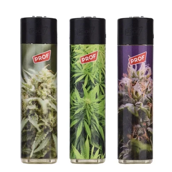 Mecheros con parte superior negra, logotipo PROF y distintos estampados de hojas y flores de cannabis, alineados sobre fondo blanco.