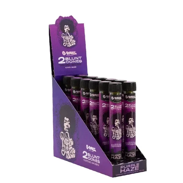 Expositor morado G-Rollz Purple Haze con varios tubos de tapón negro, retratos ilustrados y el texto «2 Blunt Cones».