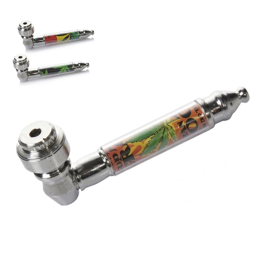Pipa Metal Rasta Leaf con cazoleta plateada y mango decorado con una hoja de cannabis; arriba se muestran variantes de diseño.