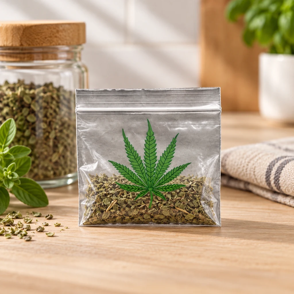 Bolsa transparente con cierre y dibujo de hoja de cannabis, llena de hierbas secas sobre una encimera, con un tarro al fondo. Bolsa transparente con cierre y dibujo de hoja de cannabis, llena de hierbas secas sobre una encimera, con un tarro al fondo.