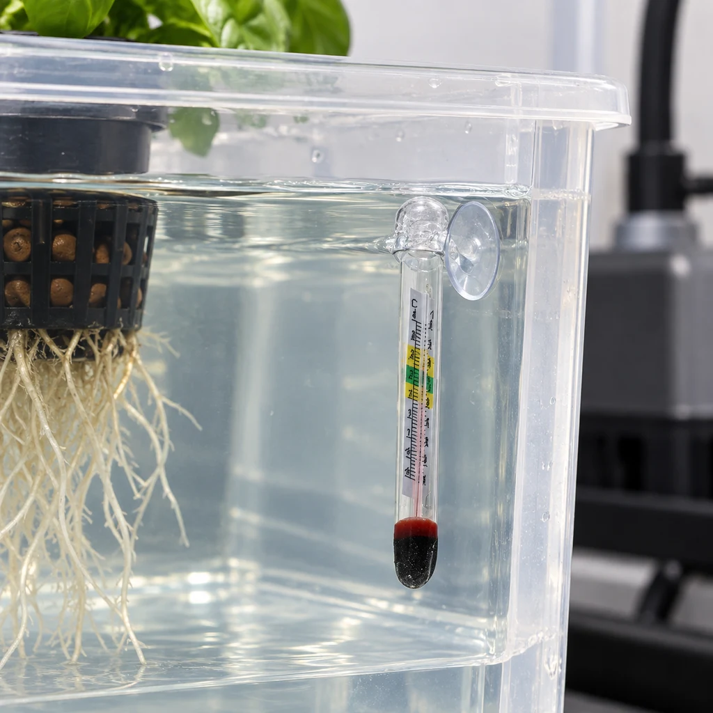 Termómetro sujeto con ventosa dentro de un depósito transparente con agua, junto a una maceta de rejilla con raíces sumergidas.